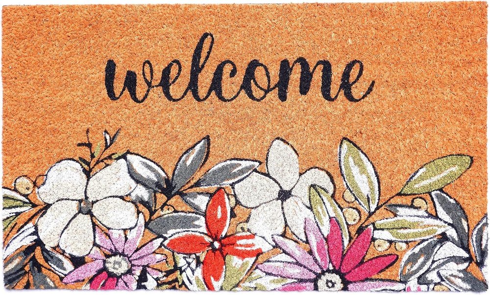 17" X 29" Brown Black And White Floral Welcome Outdoor Coir Door Mat HomeRoots