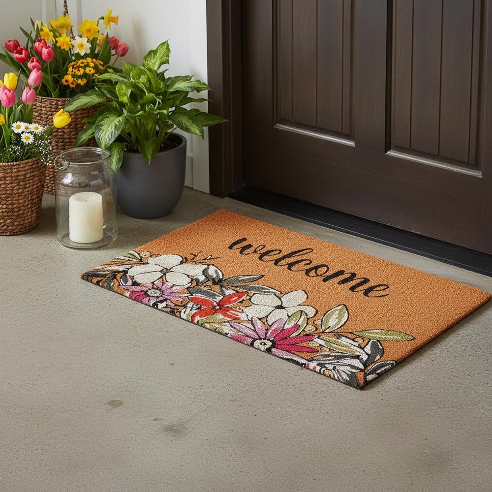 17" X 29" Brown Black And White Floral Welcome Outdoor Coir Door Mat HomeRoots