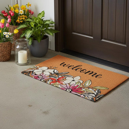 17" X 29" Brown Black And White Floral Welcome Outdoor Coir Door Mat HomeRoots