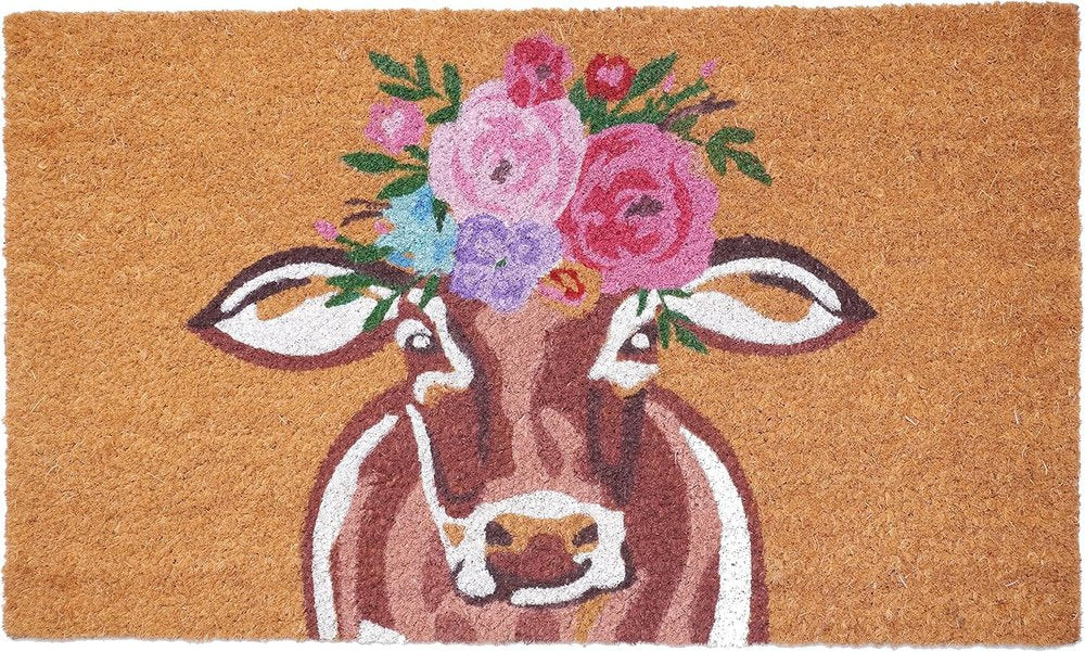 17" X 29" Brown And Pink Floral Cow Outdoor Coir Door Mat HomeRoots