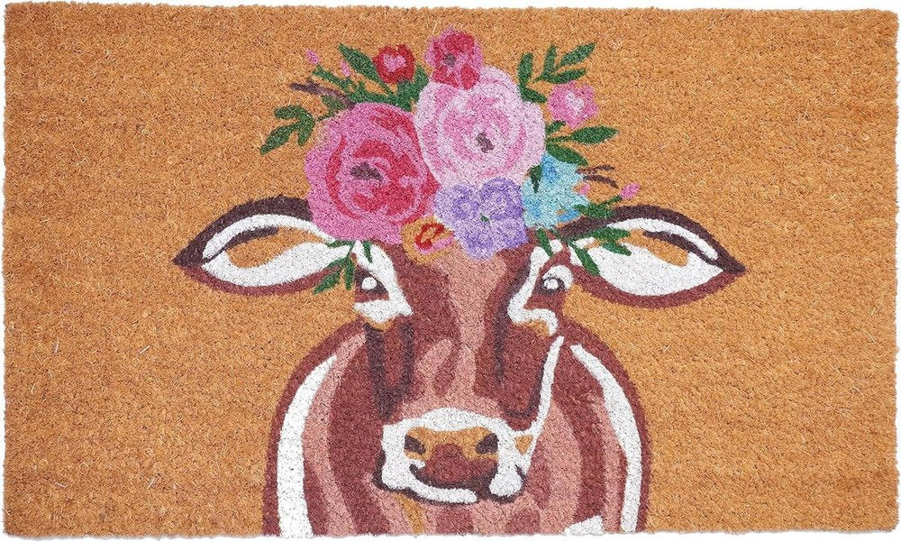 17" X 29" Brown And Pink Floral Cow Outdoor Coir Door Mat HomeRoots