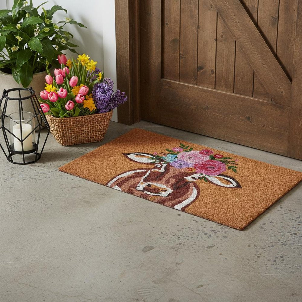 17" X 29" Brown And Pink Floral Cow Outdoor Coir Door Mat — view 1