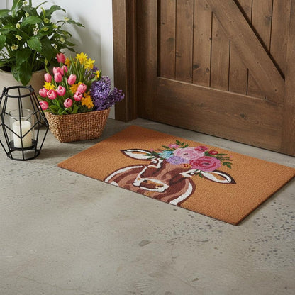 17" X 29" Brown And Pink Floral Cow Outdoor Coir Door Mat HomeRoots