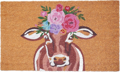 17" X 29" Brown And Pink Floral Cow Outdoor Coir Door Mat HomeRoots