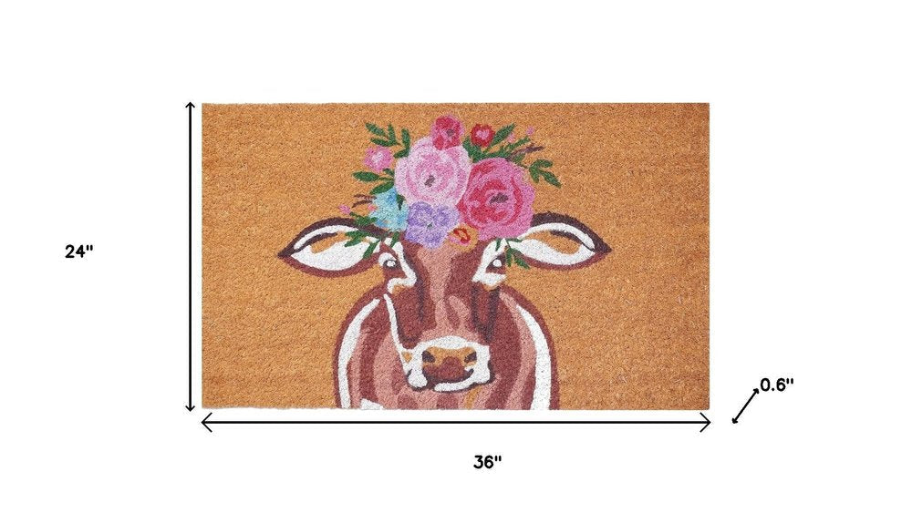 17" X 29" Brown And Pink Floral Cow Outdoor Coir Door Mat — view 9