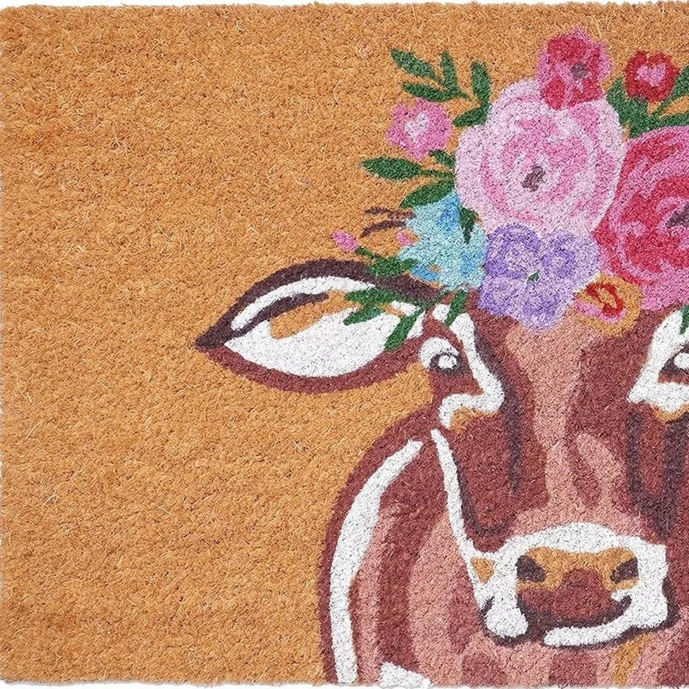 17" X 29" Brown And Pink Floral Cow Outdoor Coir Door Mat HomeRoots