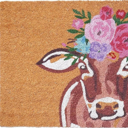 17" X 29" Brown And Pink Floral Cow Outdoor Coir Door Mat HomeRoots