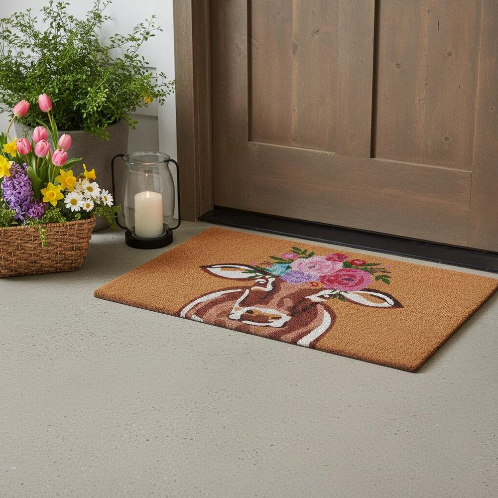 17" X 29" Brown And Pink Floral Cow Outdoor Coir Door Mat HomeRoots