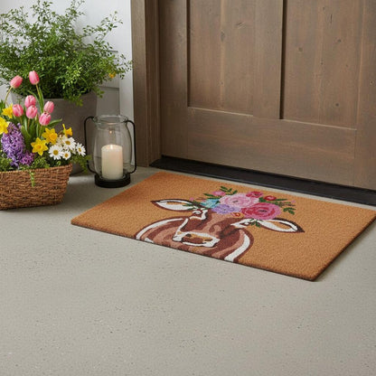 17" X 29" Brown And Pink Floral Cow Outdoor Coir Door Mat HomeRoots