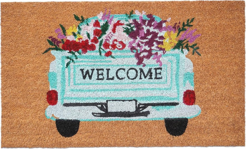 17" X 29" Brown Aqua And Red Floral Welcome Outdoor Coir Door Mat HomeRoots