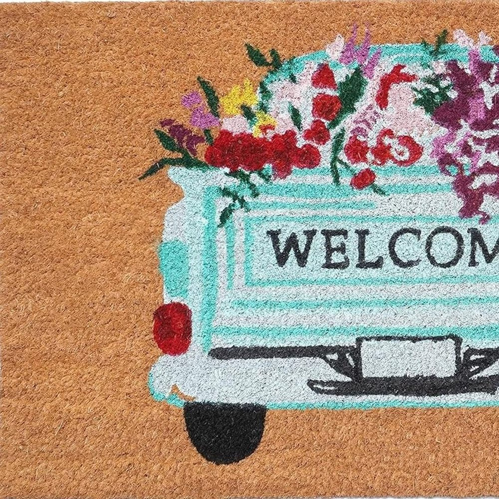 17" X 29" Brown Aqua And Red Floral Welcome Outdoor Coir Door Mat HomeRoots