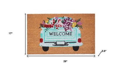 17" X 29" Brown Aqua And Red Floral Welcome Outdoor Coir Door Mat HomeRoots