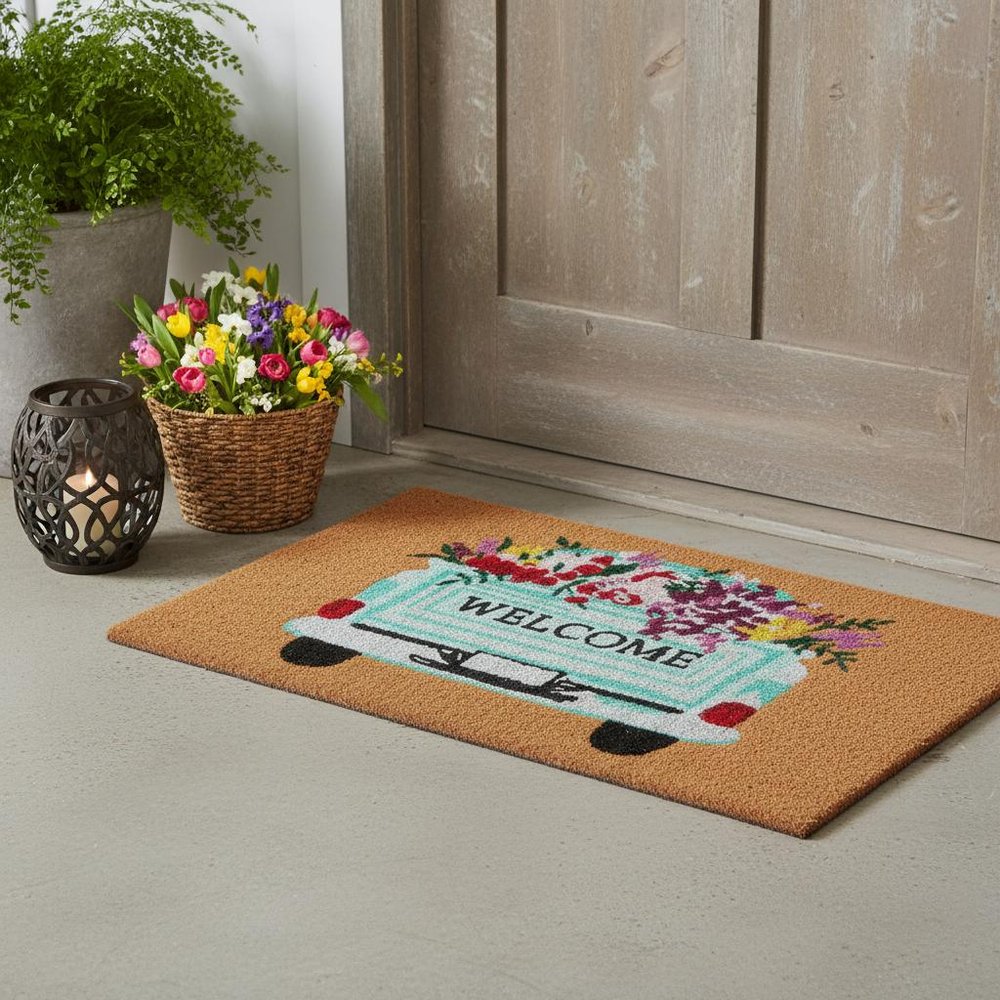 17" X 29" Brown Aqua And Red Floral Welcome Outdoor Coir Door Mat HomeRoots