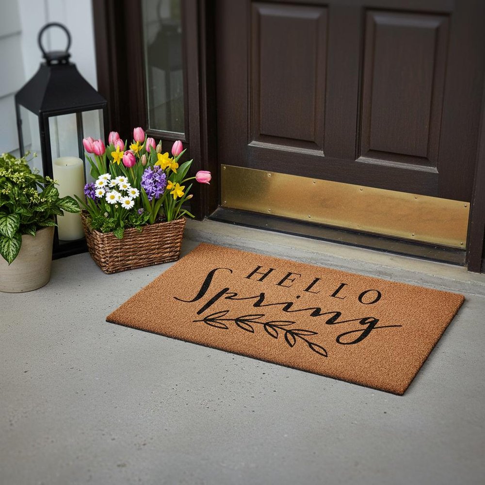 17" X 29" Brown And Black Hello Spring Outdoor Coir Door Mat HomeRoots