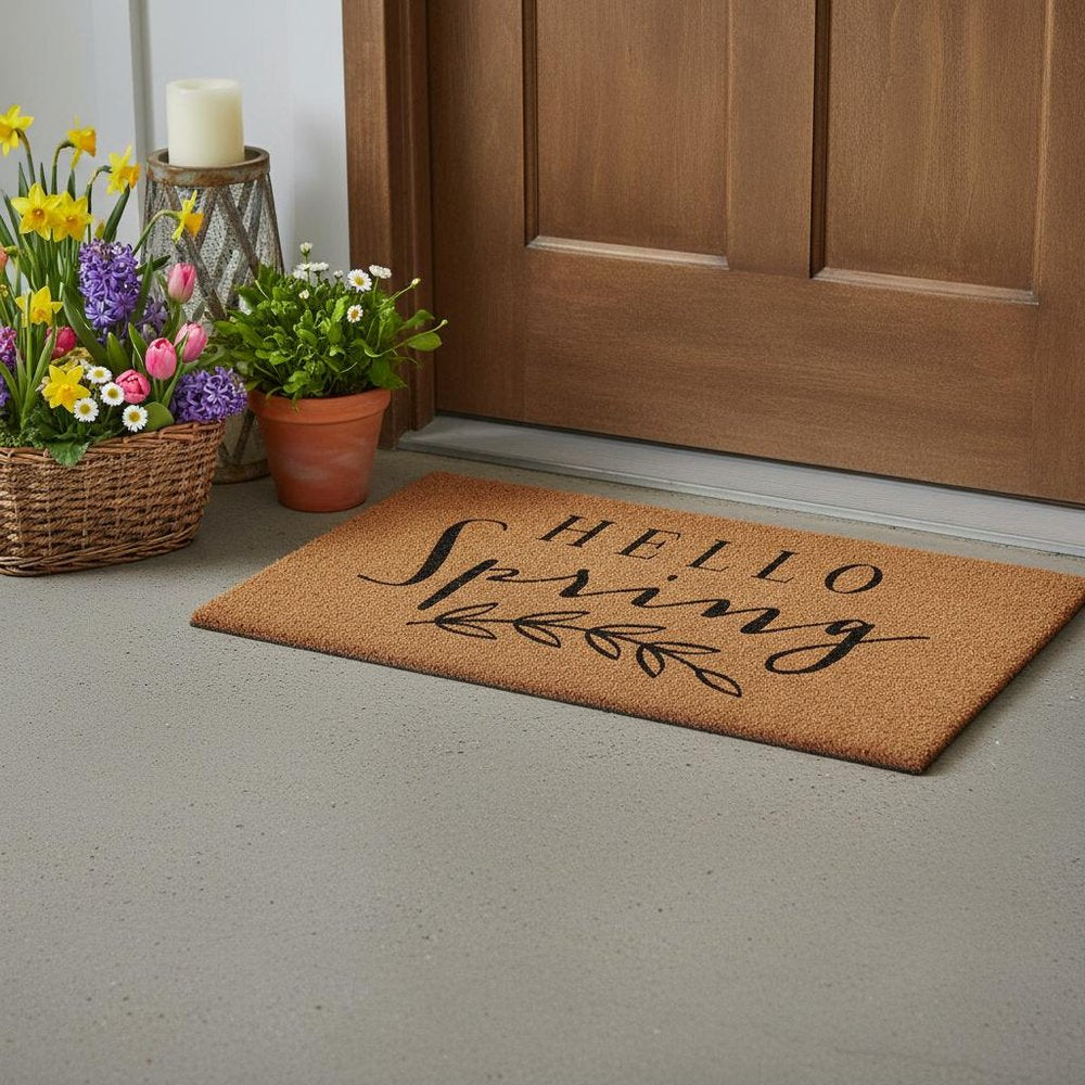 17" X 29" Brown And Black Hello Spring Outdoor Coir Door Mat HomeRoots