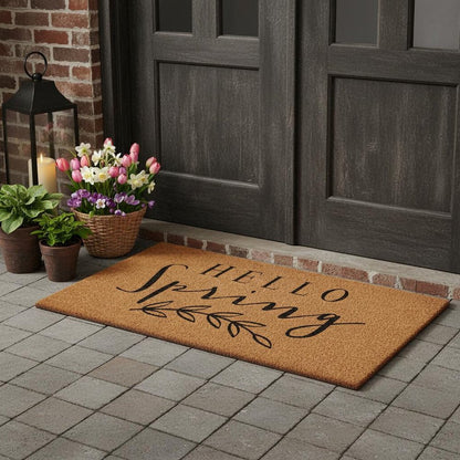 17" X 29" Brown And Black Hello Spring Outdoor Coir Door Mat HomeRoots