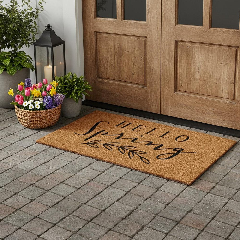 17" X 29" Brown And Black Hello Spring Outdoor Coir Door Mat HomeRoots
