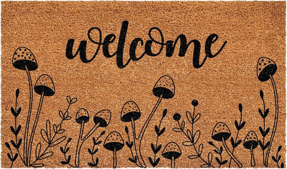 17" X 29" Brown And Black Mushrooms Welcome Outdoor Coir Door Mat HomeRoots
