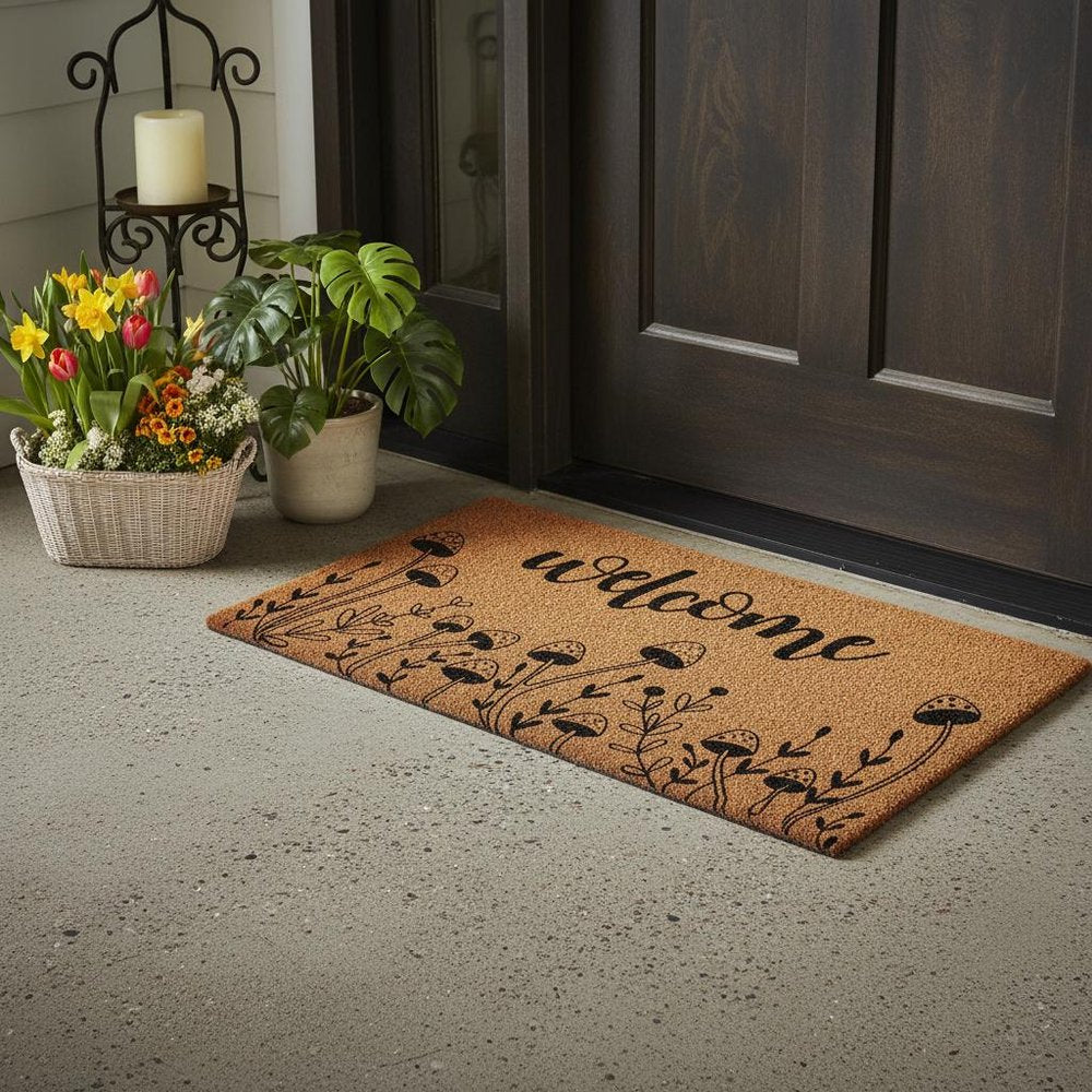 17" X 29" Brown And Black Mushrooms Welcome Outdoor Coir Door Mat — view 1