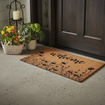 17" X 29" Brown And Black Mushrooms Welcome Outdoor Coir Door Mat HomeRoots