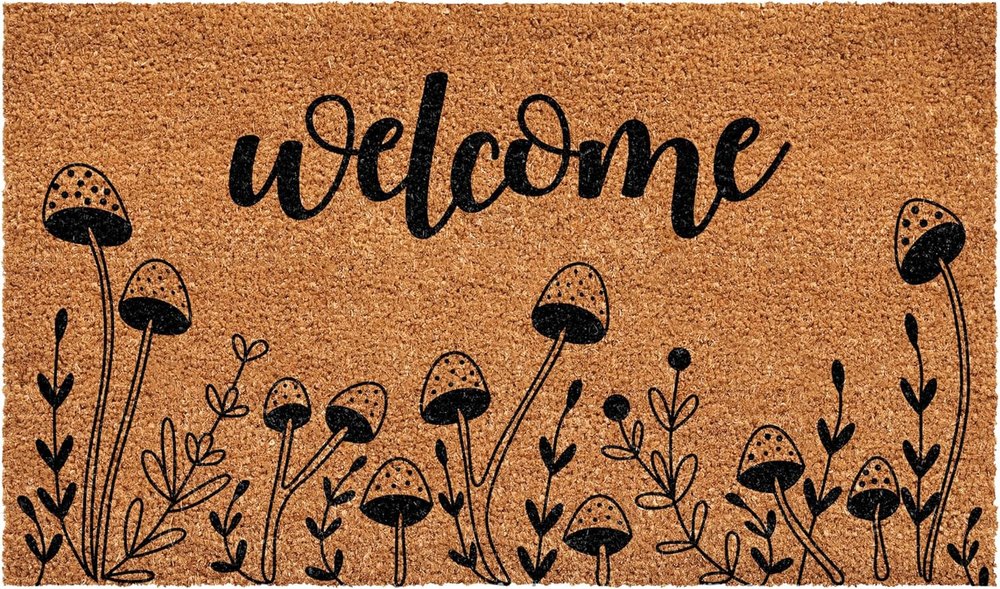 17" X 29" Brown And Black Mushrooms Welcome Outdoor Coir Door Mat HomeRoots