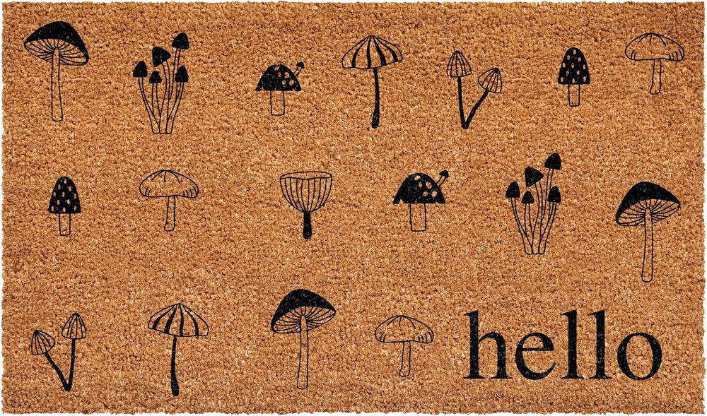 17" X 29" Brown And Black Mushrooms Hello Outdoor Coir Door Mat — view 2
