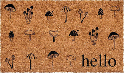 17" X 29" Brown And Black Mushrooms Hello Outdoor Coir Door Mat HomeRoots