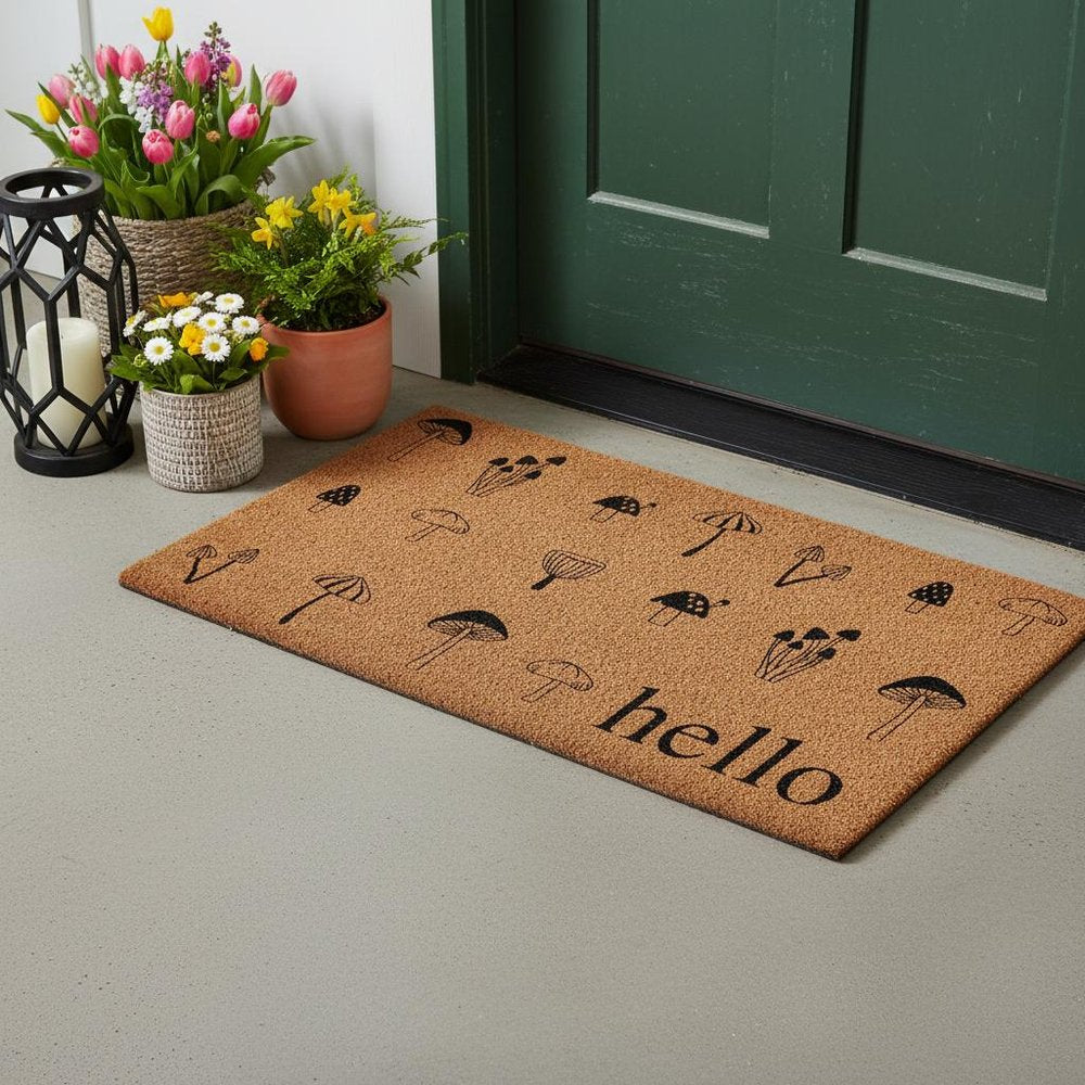 17" X 29" Brown And Black Mushrooms Hello Outdoor Coir Door Mat — view 1