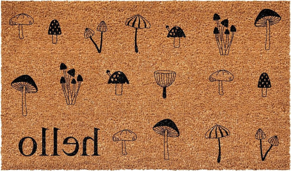 17" X 29" Brown And Black Mushrooms Hello Outdoor Coir Door Mat HomeRoots