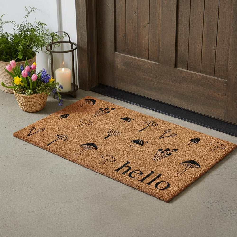 17" X 29" Brown And Black Mushrooms Hello Outdoor Coir Door Mat HomeRoots
