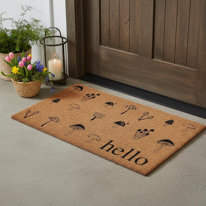 17" X 29" Brown And Black Mushrooms Hello Outdoor Coir Door Mat HomeRoots