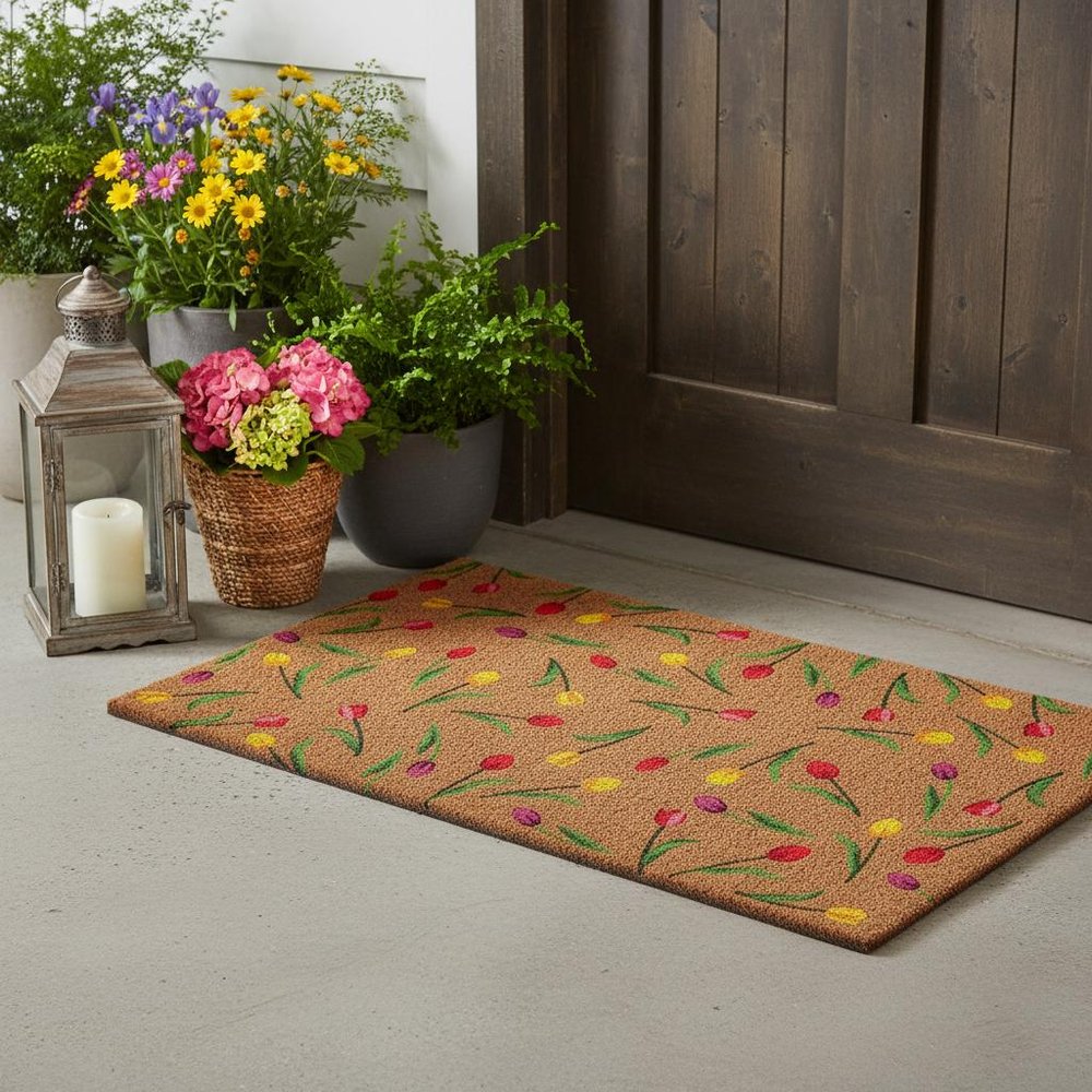 17" X 29" Brown Red And Green Floral Outdoor Coir Door Mat HomeRoots
