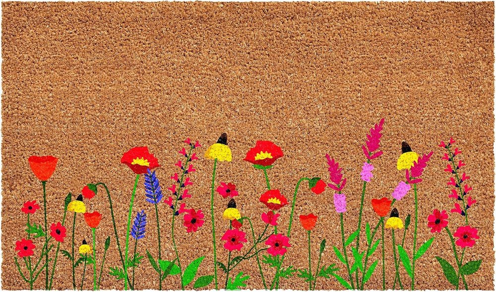 17" X 29" Brown Red And Green Floral Outdoor Coir Door Mat