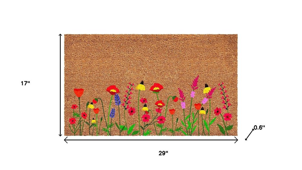 17" X 29" Brown Red And Green Floral Outdoor Coir Door Mat