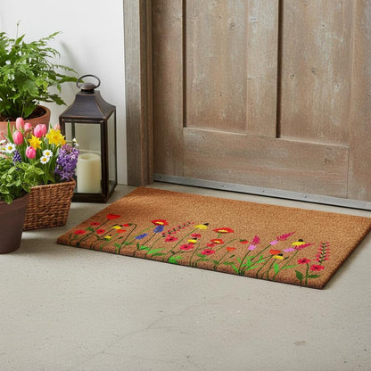 17" X 29" Brown Red And Green Floral Outdoor Coir Door Mat