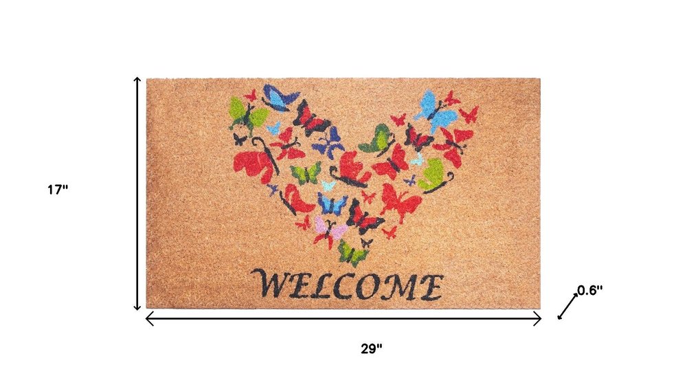17" X 29" Brown And Red Butterfly Heart Welcome Outdoor Coir Door Mat HomeRoots