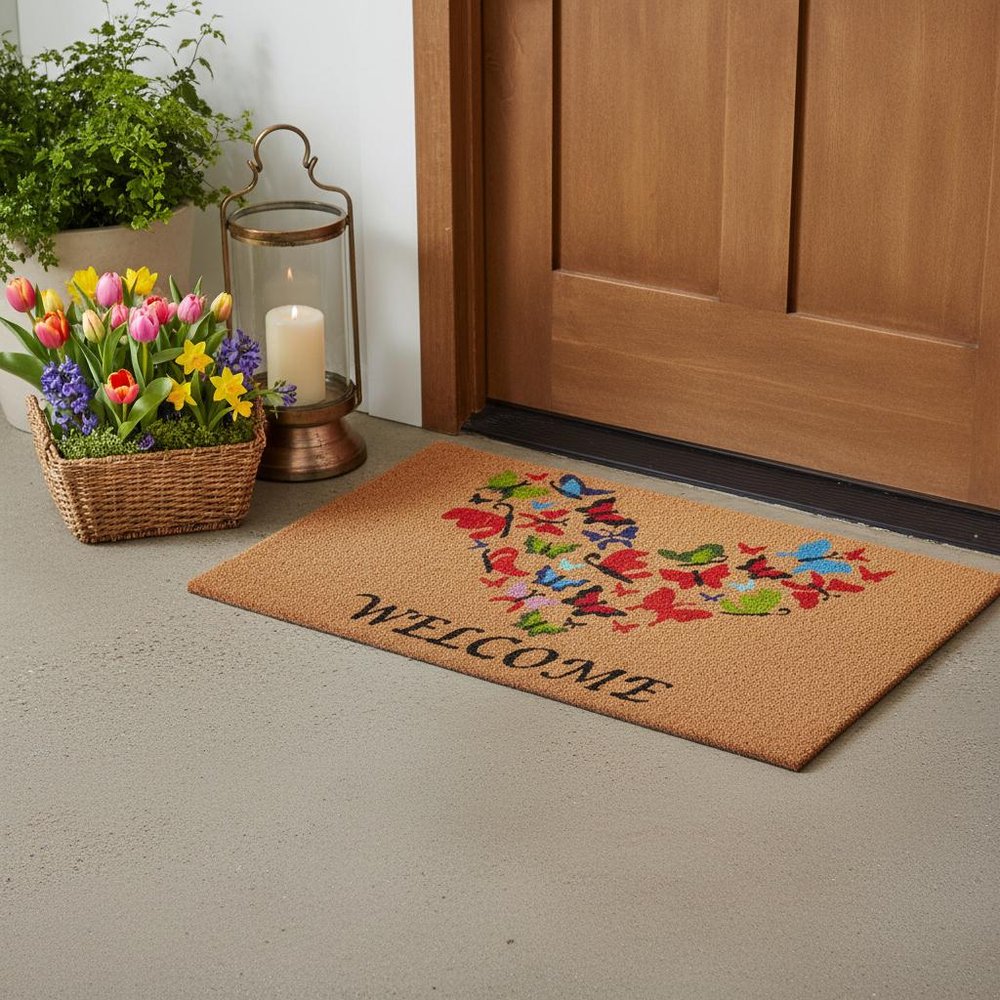17" X 29" Brown And Red Butterfly Heart Welcome Outdoor Coir Door Mat — view 1