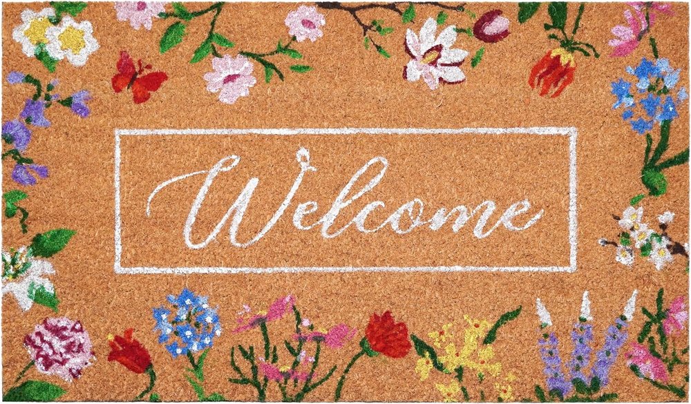 17" X 29" Brown White And Green Floral Welcome Outdoor Coir Door Mat HomeRoots