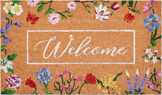 24" X 36" Brown White And Green Floral Welcome Outdoor Coir Door Mat