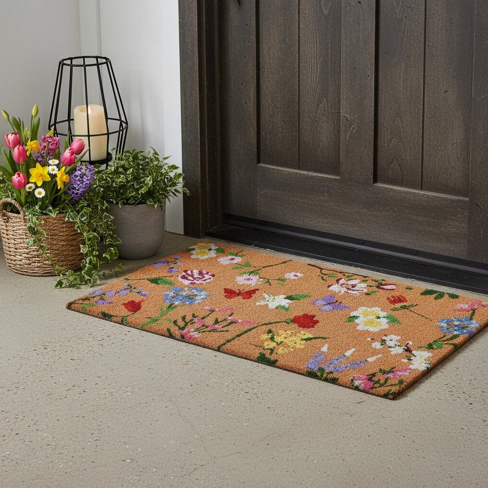 24" X 36" Brown White And Green Floral Outdoor Coir Door Mat HomeRoots