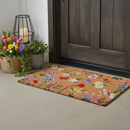 24" X 36" Brown White And Green Floral Outdoor Coir Door Mat HomeRoots