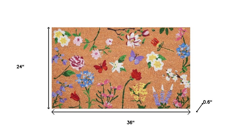 24" X 36" Brown White And Green Floral Outdoor Coir Door Mat HomeRoots