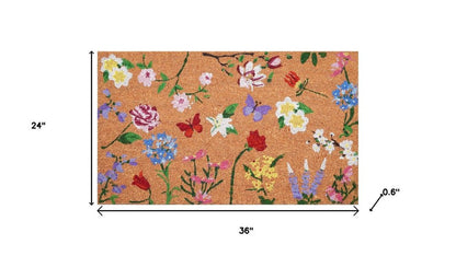 24" X 36" Brown White And Green Floral Outdoor Coir Door Mat HomeRoots