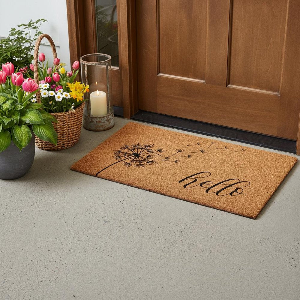 17" X 29" Brown And Black Floral Hello Outdoor Coir Door Mat HomeRoots