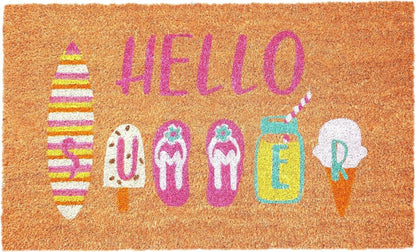 17" X 29" Brown Pink And White Hello Summer Outdoor Coir Door Mat HomeRoots