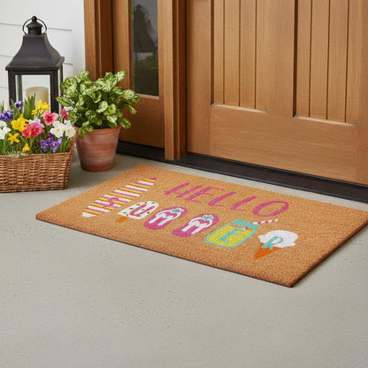 17" X 29" Brown Pink And White Hello Summer Outdoor Coir Door Mat HomeRoots