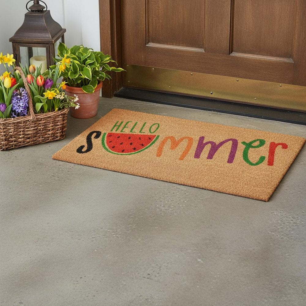 17" X 29" Brown Green And Red Hello Summer Outdoor Coir Door Mat HomeRoots