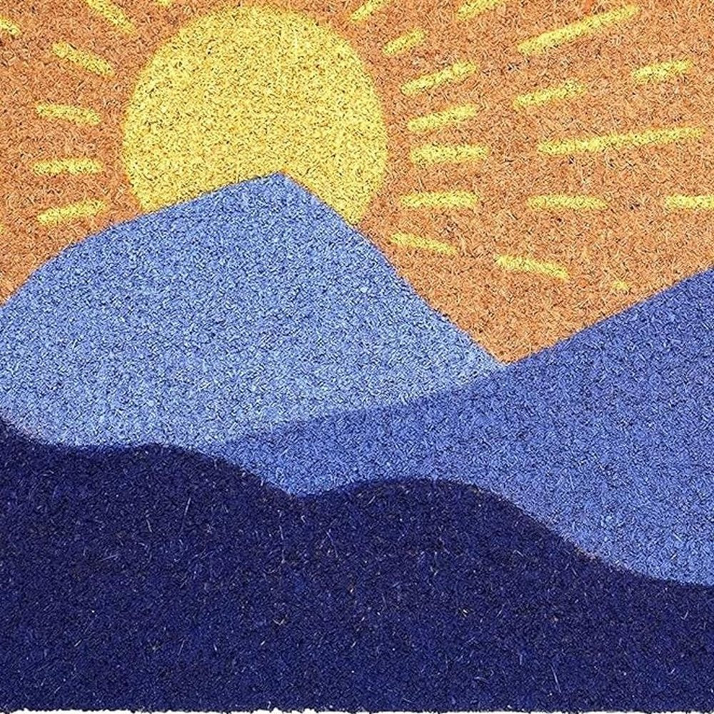 17" X 29" Brown Blue And Yellow Mountain Sunrise Outdoor Coir Door Mat HomeRoots
