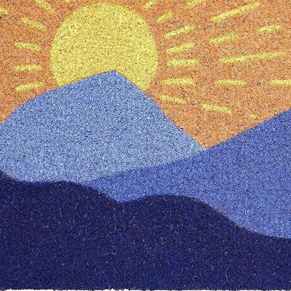 17" X 29" Brown Blue And Yellow Mountain Sunrise Outdoor Coir Door Mat HomeRoots