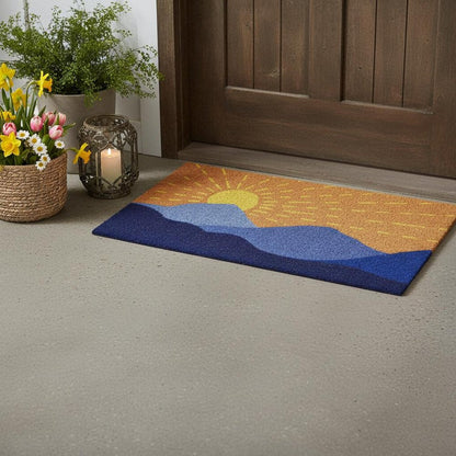 17" X 29" Brown Blue And Yellow Mountain Sunrise Outdoor Coir Door Mat HomeRoots
